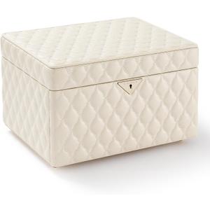 Vee Jewelry Box, 3-Layer Jewelry Case Diamond Quilted Leather Jewelry Organiser with Drawers,Jewelry Storage with big Mirror,Multipurpose Use with Key Lock,Gift Idea (beige, Large-13.39*10.04*8.66in)