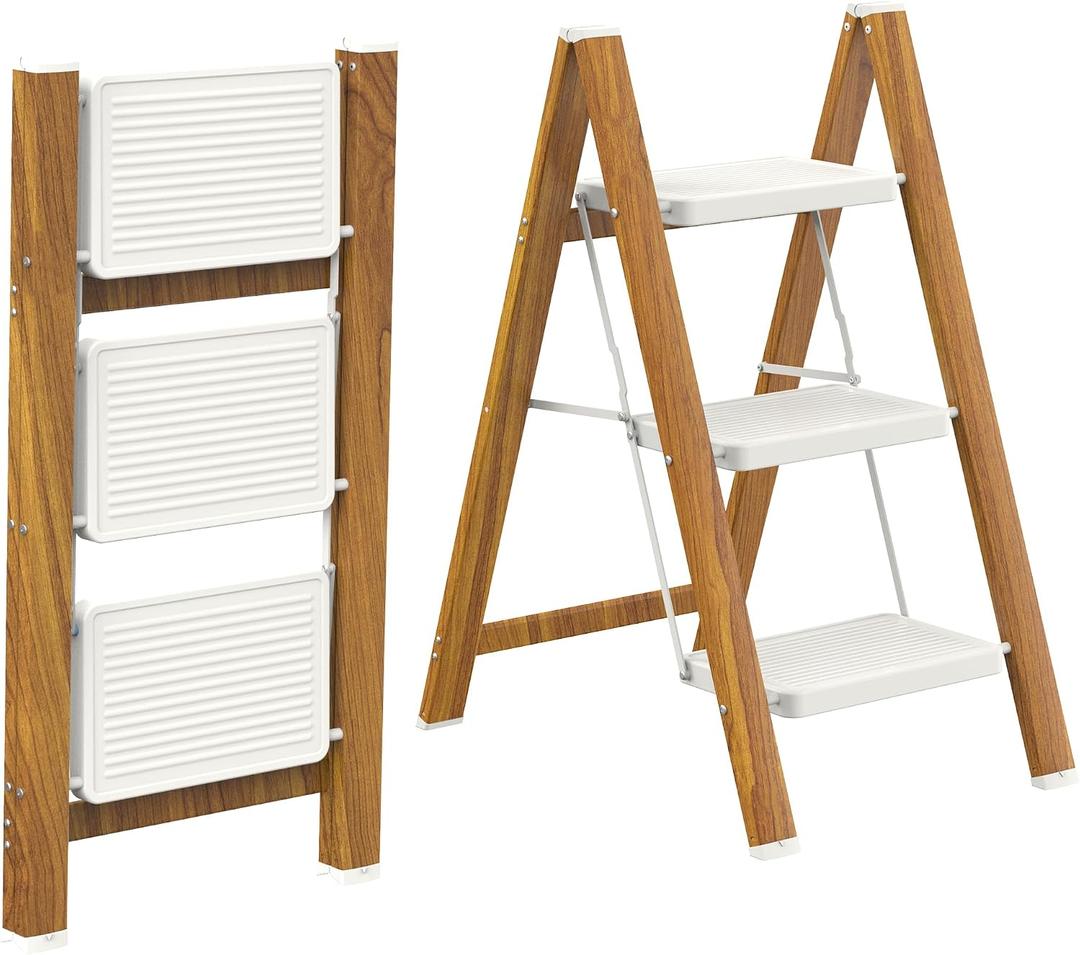 HBTower Step Ladder,Lightweight Aluminum Folding Step Stool with Anti-Slip Wide Pedal,330lbs Capacity Step Ladder for Household,Kitchen,Office - WhiteWoodgrain