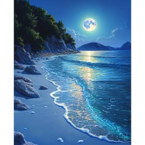 Beach Moonlight Paint by Numbers Kit for Adults Beginner Ocean Oil Painting Kit Adult Paint by Number Kits on Canvas Moon DIY Painting for Beginners Art by Numbers for Gifts Home Wall Decor 16x20 Inch (YF019)