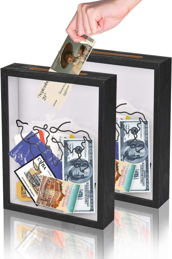 Kapix 2 Pack Adventure Archive Box, 8x10 Shadow Box with Slot, Travel Memory Box Display Case for Keepsakes Ticket Storage (Black)
