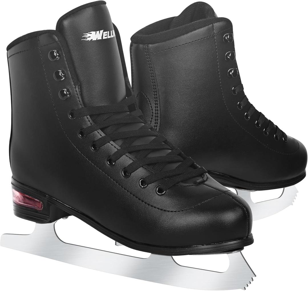 Figure Ice Skates for Women Girls and Boys, Lace-Up Adult Figure Skate Ice Hockey Skates for Outdoor and Skating Rink, Figure Ice Skate Shoes Size 5 6 7 8 9 10 11 and Youth 2Y 3Y (Black(With Air Cushion))