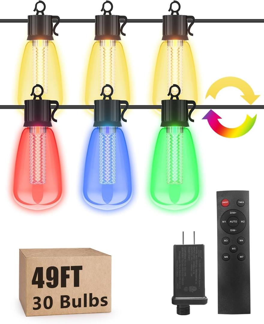 49FT Outdoor String Lights with Remote - Multicolor & Warm White, 8 Light Modes, Timer Waterproof Patio Lights Dimmable String Lights with Shatterproof 30 Bulbs for Outside Porch Backyard Party