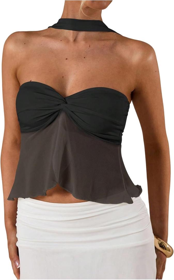 RoseSeek Women's Strapless Halter Tops Sweetheart Neck Mesh Crop Tank Top Going Out Outfits (Black)