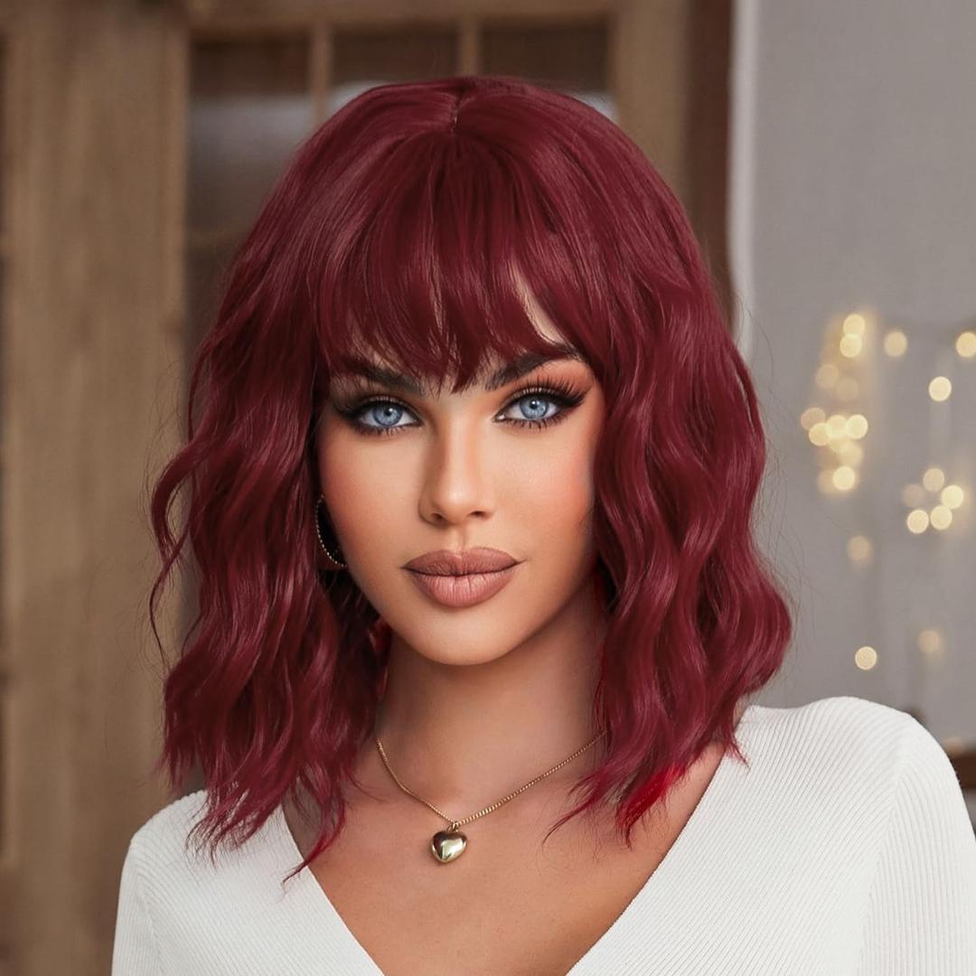 Red Wig with Bangs Short Wavy Wigs for Women Wine Red Curly Shoulder Length Bob Wig Synthetic fiber Wigs for Cosplay Party Daily Use (14 Inch)
