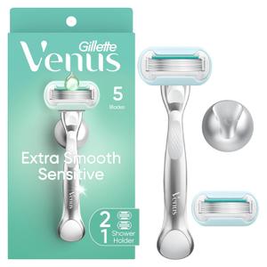 Gillette Venus Extra Smooth Sensitive Razor for Women, Includes 1 Reusable Razor Handle + 2 Refills, for Sensitive Skin with Metal Handle and Shower Holder