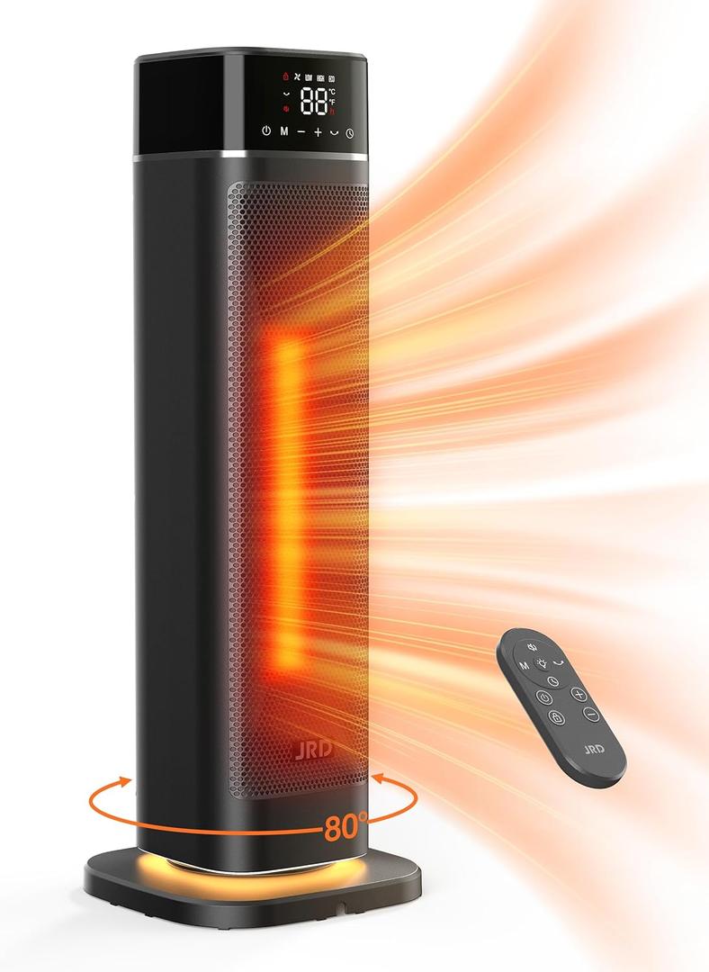 JRD 24" Fast Heating Space Heater, Portable Electric Heater with Remote, Night Light, 80 Oscillation, 4 Mode, Overheat & Tip-Over Protection, Ceramic Heat for Bedroom Office (Black)