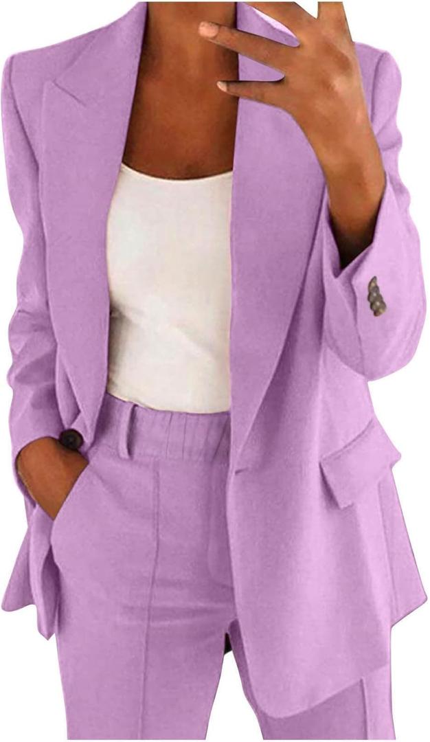 Aniywn Blazer Sets Women 2 Piece Outfits Dressy Business Work Jacket Outfits Casual Pant Suits Plus Size Wide Pants Suit Set (XX-Large, 02-purple)