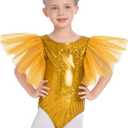 ODASDO Gymnastics Leotard for Girl Tulle Sleeve One Piece Bodysuit Glitter Shiny Metallic Ballet Dance Top Halloween Costume (Gold)