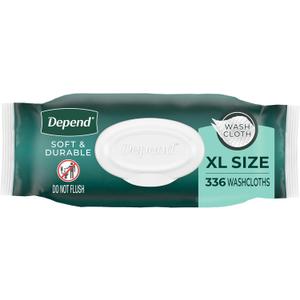 Depend XL Disposable Washcloths for Adults, 8 Flip-Top Packs, 42 Wipes Per Pack (336 Wipes Total)