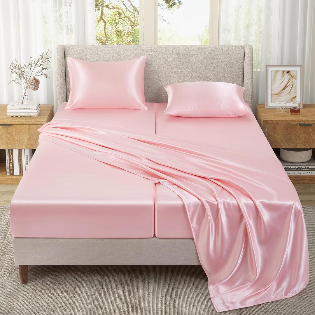 SiinvdaBZX 5-Piece Satin Sheets Split King Size Set, Luxury Silky Split King Sheets Sets for Adjustable Bed, Pink Smooth Similar to Silk Bedding with 2 Fitted Sheets, 1 Flat Sheet, 2 Pillowcases