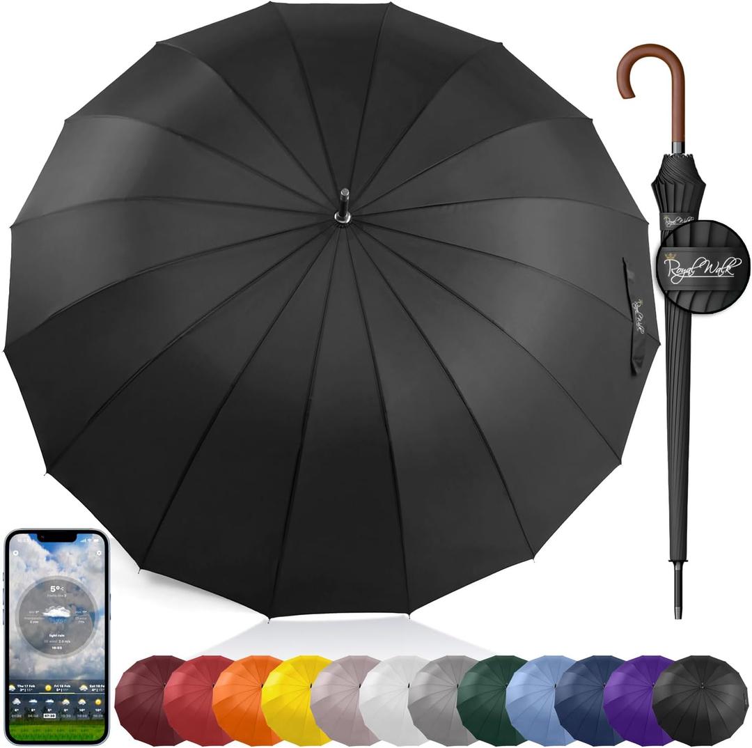 Royal Walk Large Umbrella for 2 Persons - 54 Inch Automatic Open, Wind Resistant, Fast Drying, Strong 16 Ribs, Travel 120cm, XL