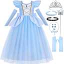 Luzlen Cinderella Costume for Girls Kids Blue Princess Dress with Accessories Halloween Birthday Party Outfits, 5-6Y(Tag 130)