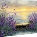 Tertiosh Coastal Sunset Lavender Canvas Wall Art Still Life Seascape Wall Decor Picture Floral Print Beach Theme Painting Artwork for Modern home decoration for living room and bedroom 16x24in, 24L"x16W"