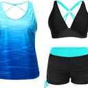 Yonique 3 Piece Tankini Swimsuits for Women Swim Tank Top Bathing Suits with Boy Shorts and Bra Athletic Swimwear (X-Large, Blue Gradient)