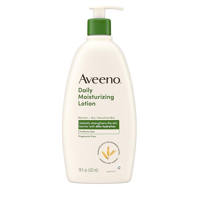 Aveeno Daily Moisturizing Body Lotion, Body Lotion for Dry Skin with Prebiotic Oat, Paraben Free, Fragrance Free, NonGreasy, NonComedogenic Moisturizer, 18 FL OZ