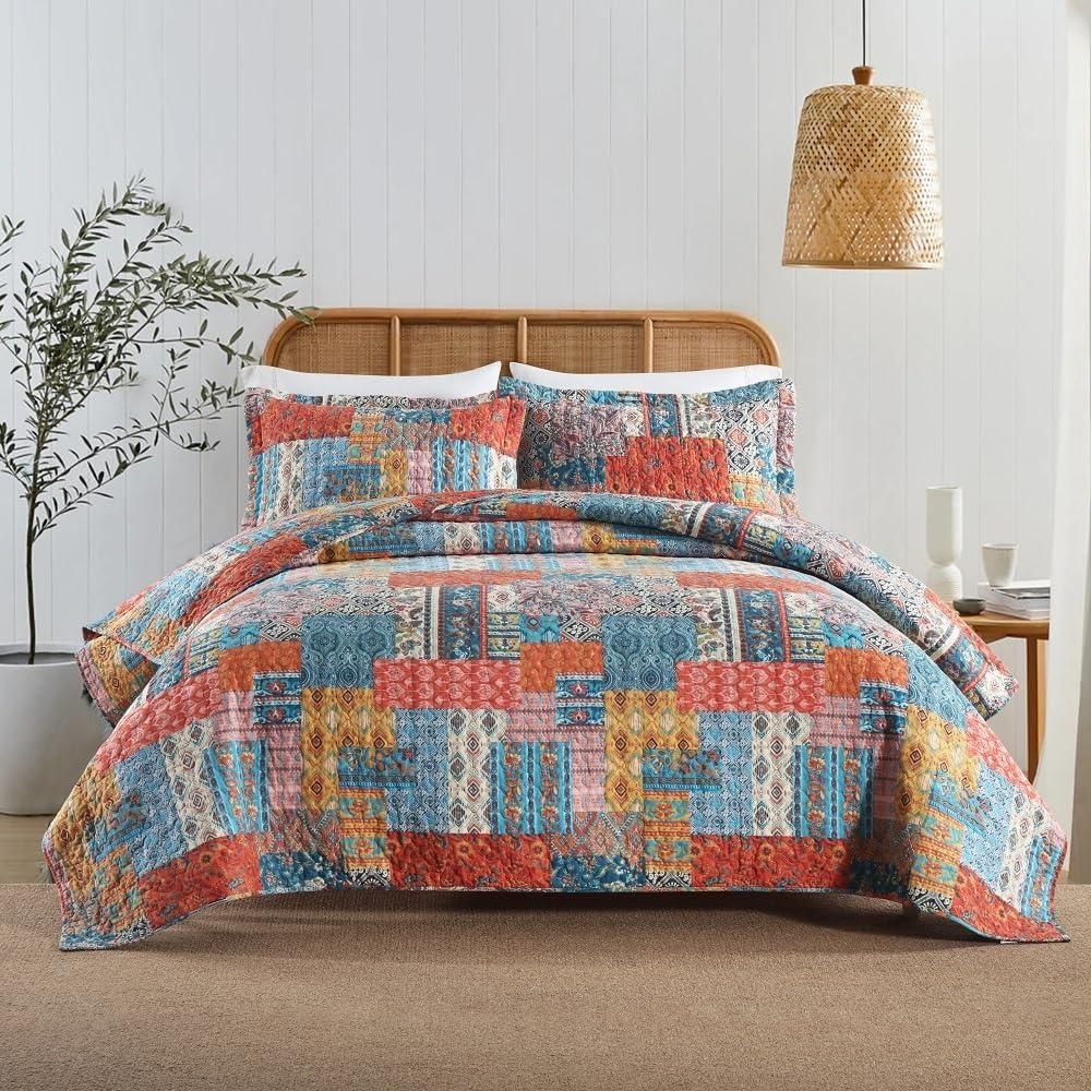 VISIMISI Cotton Bedspread Quilt Sets Reversible Coverlet Sets Comforters Vintage Bohemian Patchwork Bedspread,Orange,King Size
