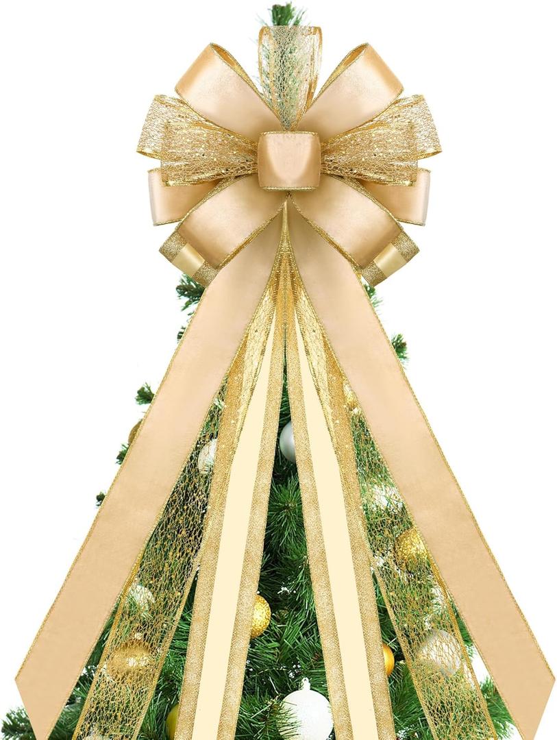 DIYDEC Christmas Tree Topper, 43x13 Inches Large Champagne Christmas Toppers Bows Glitter Satin Mesh Tree Bow for Xmas Ornaments Party Holiday Home Wedding Decoration