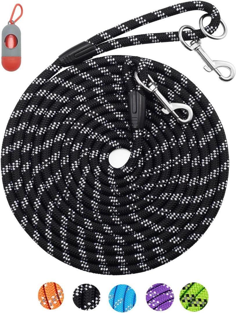Reflective Rope Check Cord Dog Leash - 16FT/50FT, Heavy Duty for Large, Medium, Small Dogs - Walking, Camping, Yard (50FT* 3/8 inch, Black)