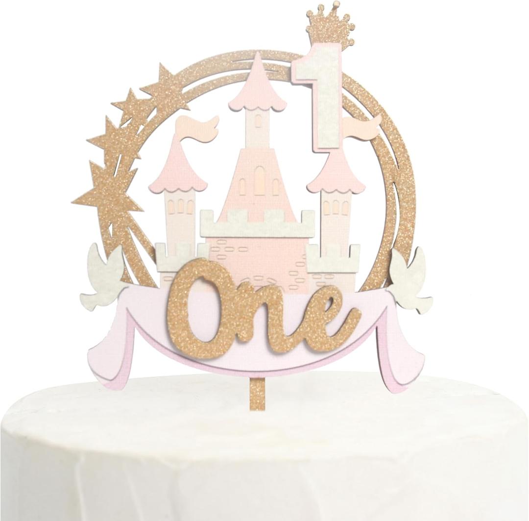 Princess Castle 1st Birthday Cake Topper, Wooden, Pink, 1 Count, 4.9 x 8 Inches, Castle Cake Topper For Girl Birthday, Baby Shower, Anniversary