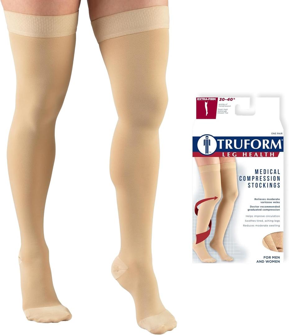 Truform 30-40 mmHg Compression Stockings for Men and Women, Thigh High Length, Dot-Top, Closed Toe, Beige, Large