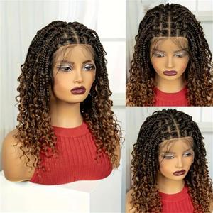 16" Short Knotless Box Braided Wig With Curly Ends - Full Lace 180% Density Low-Temperature Synthetic Hair,Elegant Fluffy Goddess Wig For Parties Parties And Festivals Party (Dark brown)