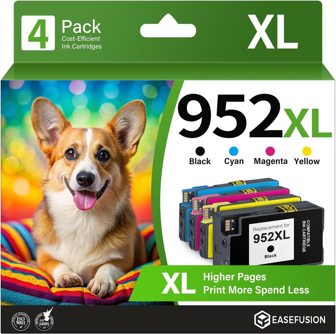 952XL Ink Cartridges 4 Combo Pack Compatible for HP Printer, 952XL 952 XL Ink Works OfficeJet 8702 7700 8210 8700 Series (Black, Cyan/Magenta/Yellow) (952XL-4packs)