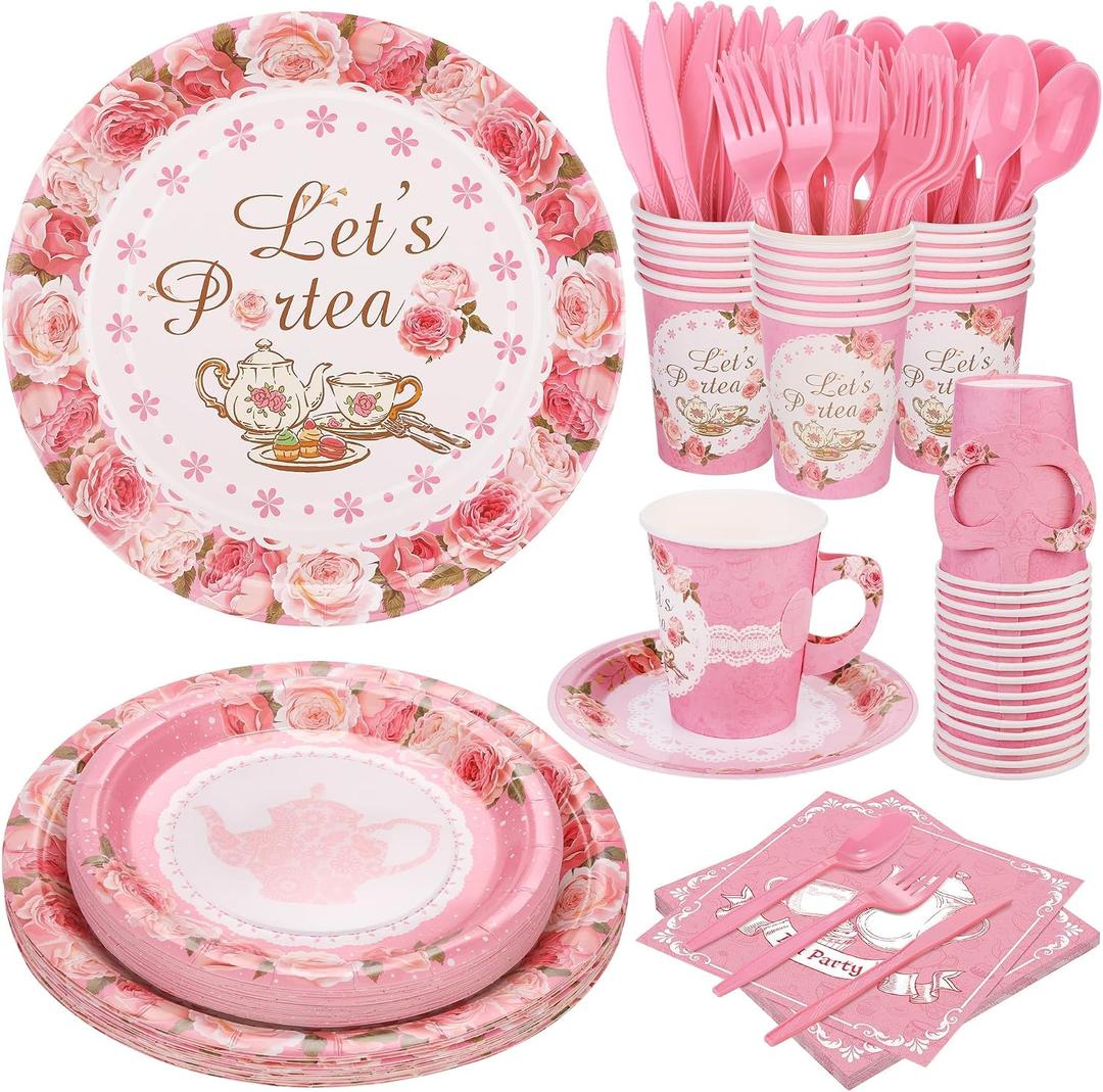 Kochorie 192 Pcs Tea Party Tableware Sets Disposable Let's Partea Party Supplies Plates Cups Napkins Cutlery Serves 24 with Teacups and Saucers Sets for Birthday Wedding Baby Shower Party Decorations