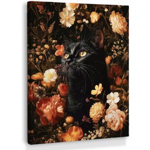 XINCEYWJ Vintage Black Cat Floral Wall Art Decor, Moody Black Cat Canvas Art Prints Framed, Gothic Cottagecore Kitten Flower Pictures Wall Decorations for Home Bedroom Living Room, 11x14 Inches