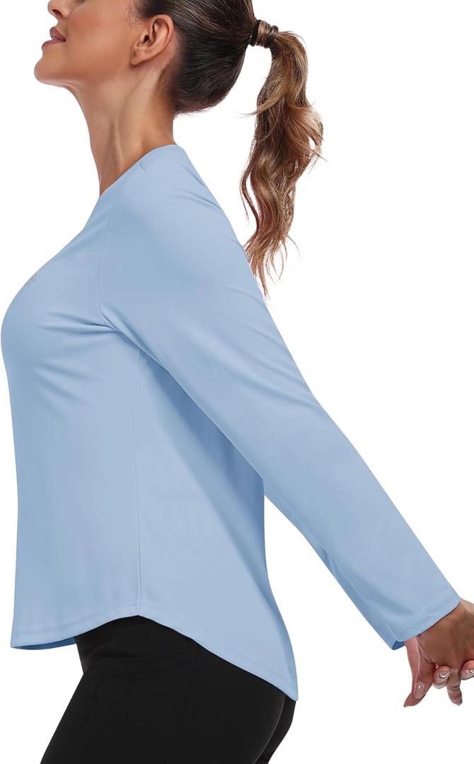MoFiz Women's UPF 50+ Sun Protection Long Sleeve Shirts for Hiking Running Athletic Quick Dry Loose Fit Workout Tops (Blue, M)