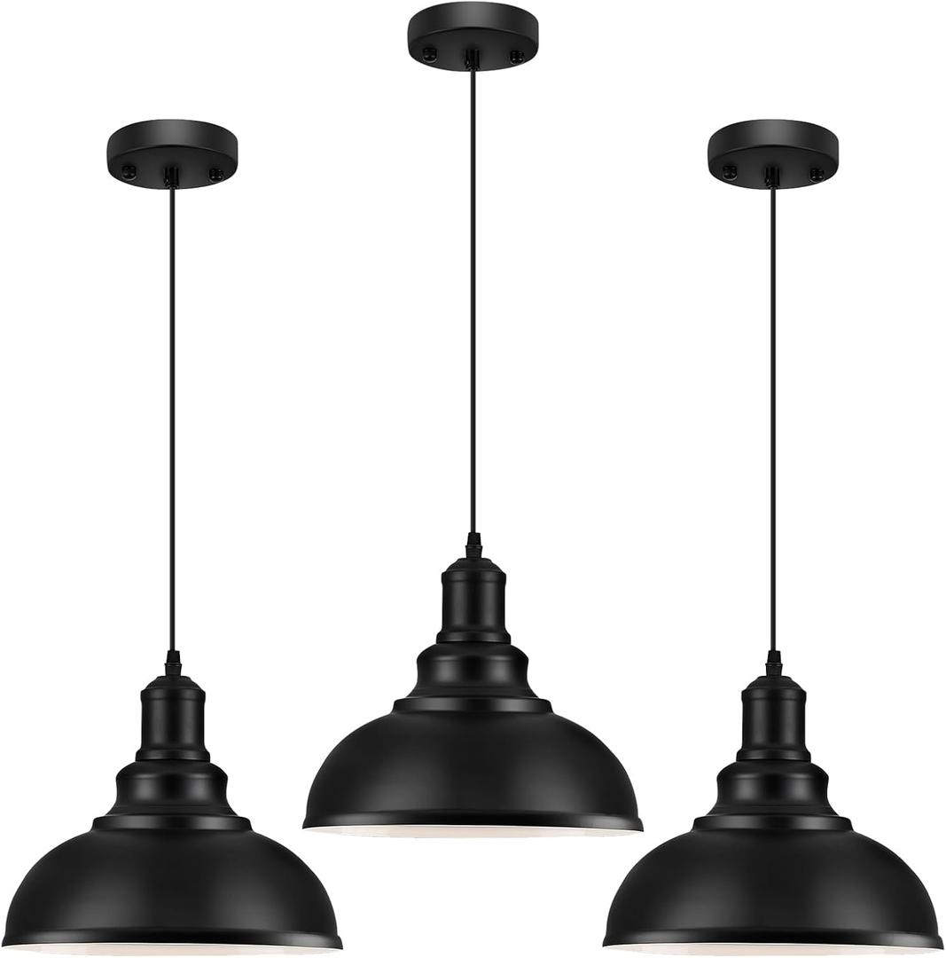 3PCS Pendant Lighting, Vintage Industrial Fixtures, Black Metal Chandelier Lights, Ceiling Lamp for Kitchen Home Island Dining Room Bedroom, 11.4 inches