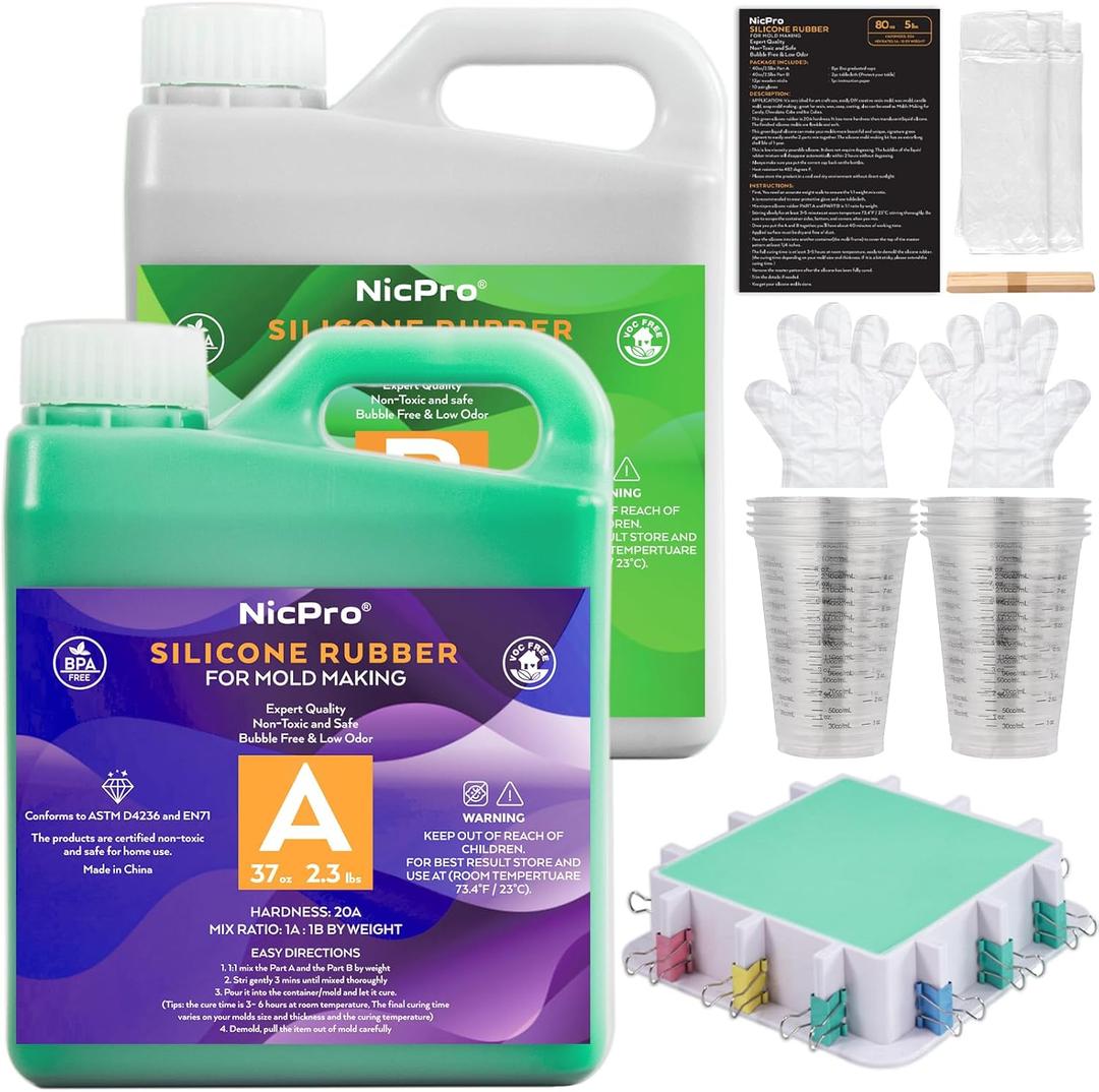 74oz Platinum Silicone Mold Making Kit with Molds Housing & Mixing Cups, 1:1 Ratio, 20A Medium Hardness, Non-Toxic Liquid Silicone Rubber for Resin, Jewelry, Craft Molds