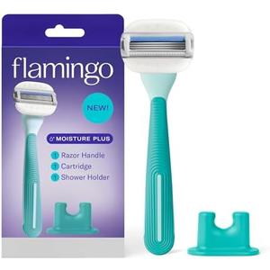 Flamingo Moisture Plus Women's Razor Set - No Shave Gel Needed - 1 Razor Handle, 1 Blade Refill, Shower Holder - Seafoam