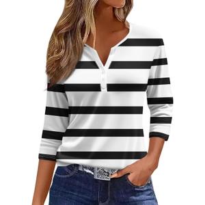 LilyCoco Striped Shirt Women Casual Button V Neck 3/4 Sleeve Tops (Medium)