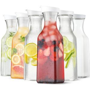 Plastic 50 Oz Water Carafe with Flip Top Lid, Set of 6 Square Base Clear Plastic Juice Container Pitcher - for Water, Iced Tea, Juice, Beverage, Lemonade, Milk and Mimosa Bar - HAND WASH ONLY