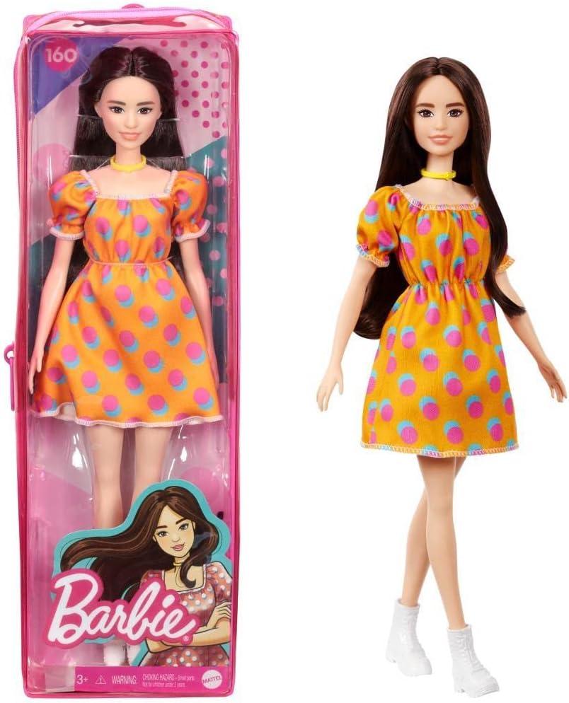 Barbie Fashionistas Doll #160 with Long Brunette Hair Wearing Patterned Orange Dress, White Shoes & Yellow Choker, Toy for Kids 3 to 8 Years Old