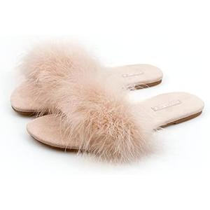 BCTEX COLL Women's Fuzzy Open Toe Slippers Memory Foam Feather Slides Fluffy Furry Indoor House Sandals, Size 8