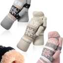 Vicenpal 3 Pairs Women Winter Mittens Snowflake Mitten Fleece Lining Cozy Wool Glove Cold Weather Thick Warm Knitted (Bright)