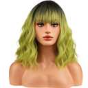 Ombre Green Wigs for Women Short Curly Wavy Green Wig for Girls Short Bob Wig With Bangs Heat Resistant Synthetic Wigs for Cosplay Costume Party (Green Ombre wig)