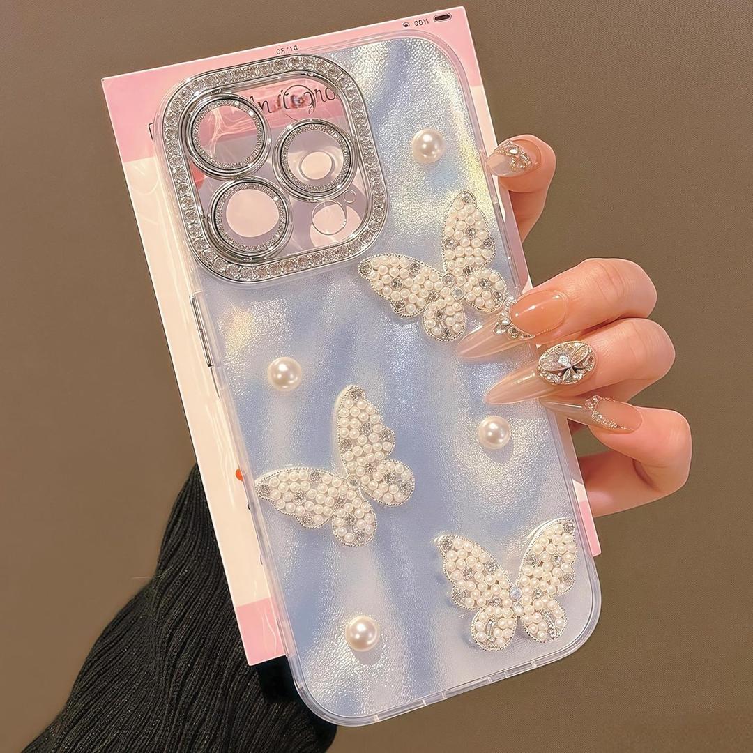 for iPhone 16 Pro Max Case Cute Bling for Women Girls, Luxury 3D Butterfly Design Shiny Glitter Rhinestone Pearl Camera Shockproof Protective Phone Case (Silver, iPhone 16 Pro Max)