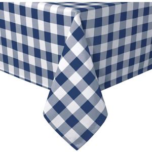 Hiasan 60 x 102 Inch Checkered Tablecloth Rectangle - Waterproof, Wrinkle Resistant and Washable Gingham Table Cloth for Outdoor Picnic, Kitchen and Holiday Dinner, Navy Blue and White
