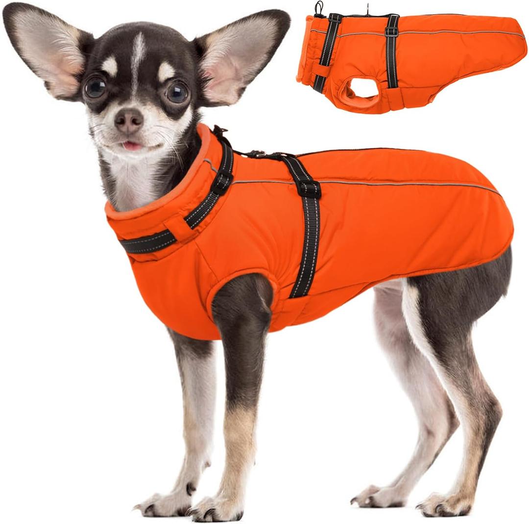 Lelepet Dog Winter Coat Waterproof Dog Jacket with Harness Built in Windproof Reflective Pet Coats for Dogs, Thermal Fleece Lined Coats for Cold Weather Walking Hiking, Orange, Small