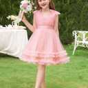 Kids Girls Sequins Dress Sleeveless Star Sequins Ruffle Tulle Tutu Dress Ball Gown Wedding Flower Girl (Pink)