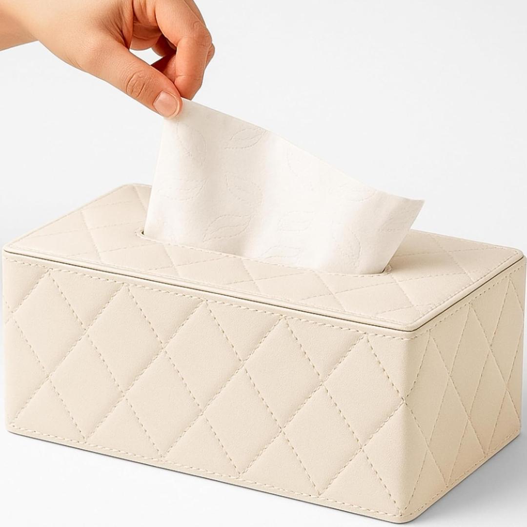 Tissue Box Cover Rectangle, Leather Tissue Holder for Bathroom, Tabletop, Car, Night Stands, Office, Home, Kitchen, Facial Tissue Case (Cream)