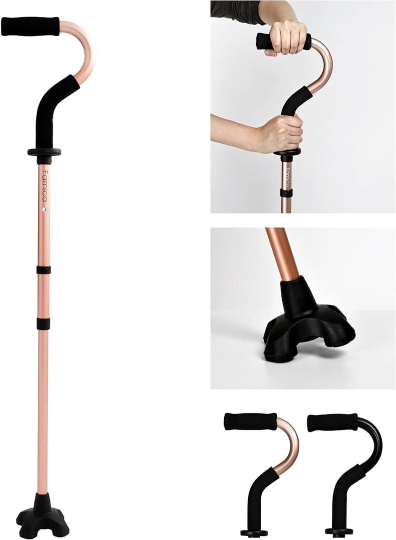 Famica Stand by Me Walking Cane for Elderly Seniors Men Women, Sit-to-Stand Support, Adjustable Height, Ergonomic Soft Cushioned Handle, Wide Non-Slip Quad Base, Lightweight (Gold)