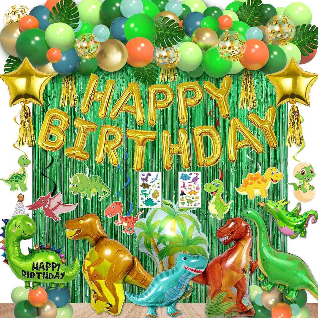 125pcs Dinosaur Birthday Party Decorations, Dinosaur Balloons Arch Garland Kit with Fringe Curtain, Balloons for Party Baby Shower Decorations for Boy Kids (Green and Gold)