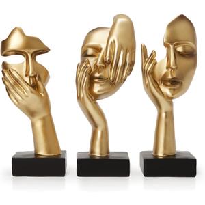 Gold Decor Thinker Statues Set of 3,Golden Abstract Face Resin Sculptures,Home Decor Accents,Office Bookshelf Decor, Shelf Side, Table Decorations for Living Room, Gift for Friends (gold-3Pcs)