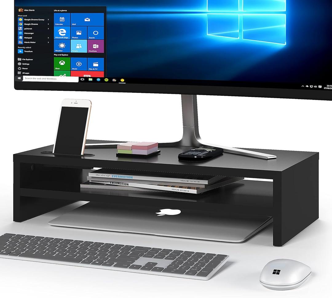 BONTEC Wood Monitor Stand Riser, 2-Tier Desktop Organizer with Storage, Ergonomic Computer Stand for Desk, Cable Management, Cellphone Holder, 21.6 Inch Shelf, Black