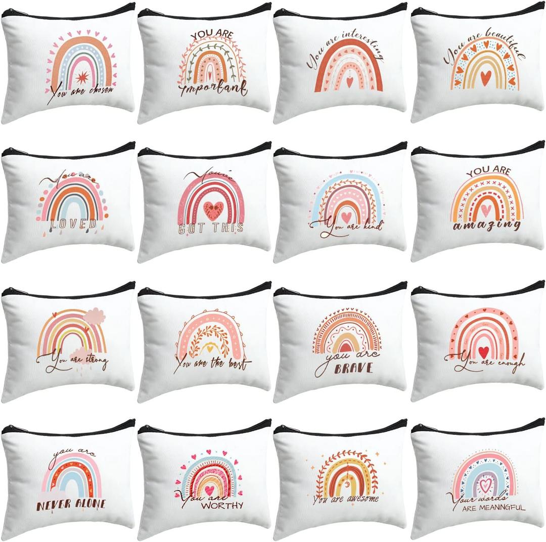 Pinkunn 16 Pcs Canvas Makeup Bags Bulk Inspirational Gift Quotes Cosmetic Bags with Zipper Encouragement Travel Toiletry Pouch Appreciation Gift for Women Girls Birthday Party Favors(Rainbow)