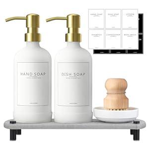 Kitchen Soap Dispenser Set with Instant Dry Tray,16 Oz Hand and Dish Soap Black Glass Dispenser Set,Stainless Steel Pump,Waterproof Labels&Dish Brush,Luxury Soap Bottle for Kitchen,Bathroom