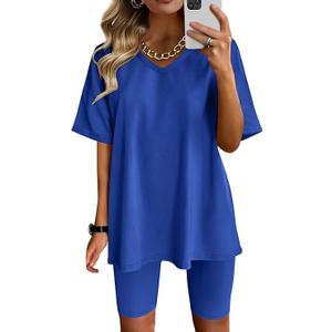 Two Piece Outfits For Women Summer V Neck T-Shirt Tops Biker Shorts Workout Sports Tracksuit, Size L